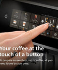 Fully Automatic Espresso Coffee Maker With LatteGo Milk Frother And Ceramic Grinder For Smooth Daily Brewing At Home touchscreen panel with drink options.
