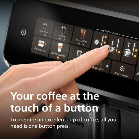 Fully Automatic Espresso Coffee Maker With LatteGo Milk Frother And Ceramic Grinder For Smooth Daily Brewing At Home touchscreen panel with drink options.
