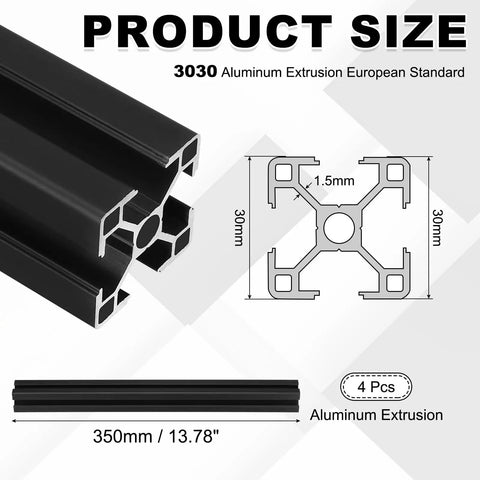 4 Pack 350mm 3030 Aluminum Extrusion Profiles European Standard Anodized Linear Rail diagram and measurements