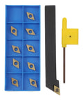 Alloy Steel CNC Lathe External Turning Tool Holder With 10 DCMT070204 Carbide Inserts and wrench shown in packaging.