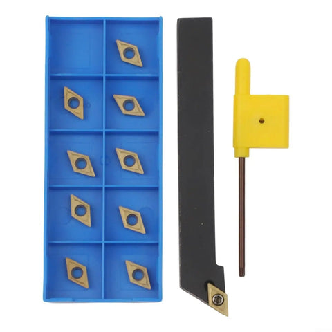 Alloy Steel CNC Lathe External Turning Tool Holder With 10 DCMT070204 Carbide Inserts and wrench shown in packaging.