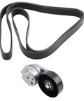 Heavy Duty Serpentine Belt Tensioner Assembly Component Direct Fit Replacement Kit Compatible With 08 09 10 Ford F250 F350 F450 F550 Super Duty Pickup Truck Keep That Beast Alive And Rolling Smooth Like Butter No Hassle Guaranteed Forever. black belt and metal tensioner assembly