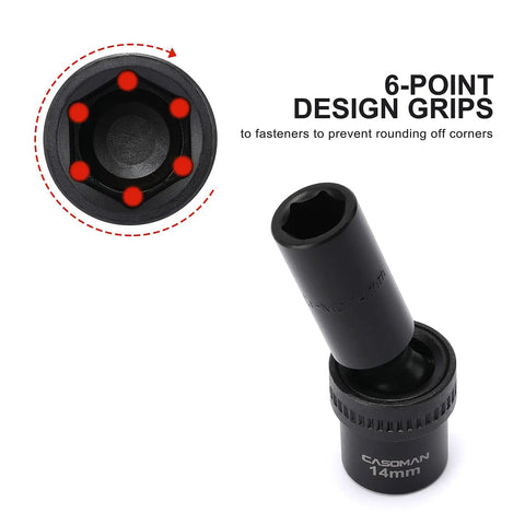 Ten Piece One Half Inch Drive Deep Universal Impact Socket Set Metric Ten Through Nineteen Millimeter With 360 Degree Flex Head Chrome Molybdenum Steel Construction Black Oxide Finish Fully Ready For Tough Torque, 6-point design grips, close-up of 14mm socket.