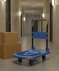 Foldable Cargo Cart Hand Truck With Smooth Steering Casters And Reinforced Frame Portable Trolley For Moving Boxes Blue 90 By 60 Cm Five Inch TPR Silent Wheels Beefy Built Folding Cart For Home Or Warehouse, blue folding cart with boxes in hallway