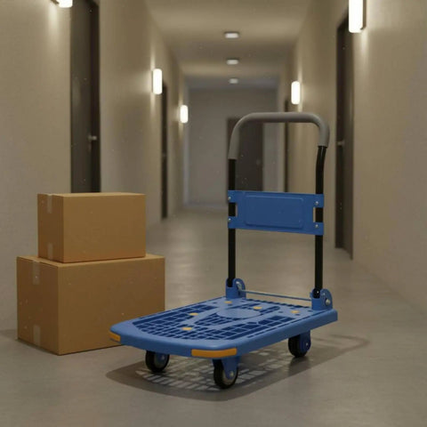 Foldable Cargo Cart With Noise Reducing Swivel Casters And Heavy Duty PP Panel Portable Hand Truck Trolley For Easy One Person Carry At Home Warehouses And Delivery Sturdy 7 Mm Frame 90 By 60 Cm 5 Inch Silent Wheels Blue, with boxes in hallway