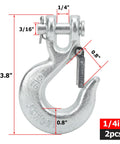 Set Of 2 1/4 Inch Safety Chain Hooks, Beefy 12,600 Lbs Forged Steel Clevis Slip Hooks With Safety Latch, Tow Winch Hook, dimensions shown
