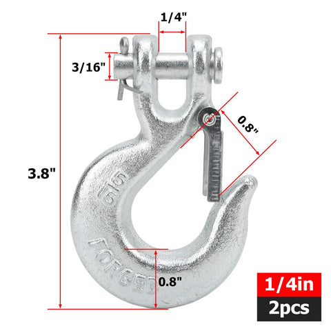 Set Of 2 1/4 Inch Safety Chain Hooks, Beefy 12,600 Lbs Forged Steel Clevis Slip Hooks With Safety Latch, Tow Winch Hook, dimensions shown