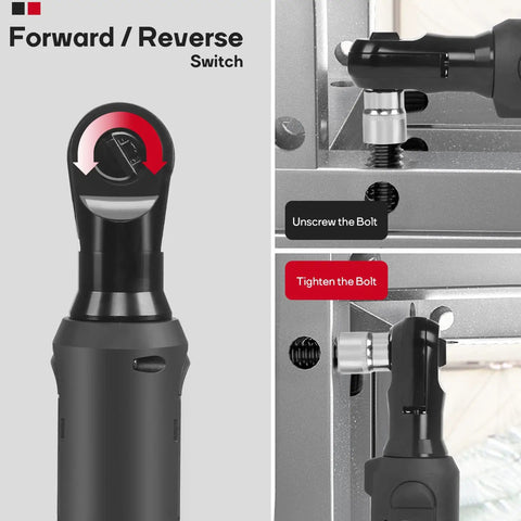 Three Eighths Inch Cordless Electric Ratchet Wrench Set With Beast Torque At 55 Ft-Lbs showing forward and reverse switch action