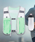 Front view of Hydration Vest Pack For Running And Outdoor Adventures with water bottle, green, featuring mesh and pouch pockets