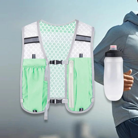 Front view of Hydration Vest Pack For Running And Outdoor Adventures with water bottle, green, featuring mesh and pouch pockets