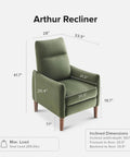Arthur Recliner Chair With 3 Position Recline Olive Green Velvet High Back Padded Support Mid Century Modern Reading Chair