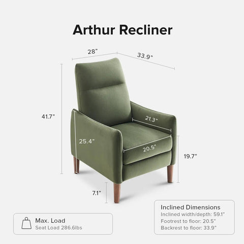 Arthur Recliner Chair With 3 Position Recline Olive Green Velvet High Back Padded Support Mid Century Modern Reading Chair