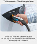 User unplugging Tesla EV Charger Extension Cable 32A 21Feet NACS For Level 1 And Level 2 Charging Works With Tesla Wall Connector