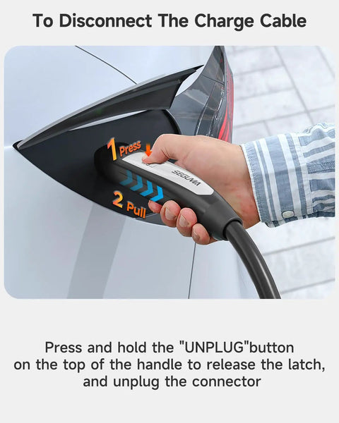 User unplugging Tesla EV Charger Extension Cable 32A 21Feet NACS For Level 1 And Level 2 Charging Works With Tesla Wall Connector