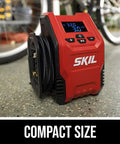 12V Digital Tire Inflator With Real Time Psi Gauge And Auto Shutoff, compact red air pump with digital display, ideal for tires and sports gear.