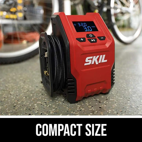 12V Digital Tire Inflator With Real Time Psi Gauge And Auto Shutoff, compact red air pump with digital display, ideal for tires and sports gear.