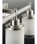Close-up of Alexa Collection 3 Light Bath Vanity Light With Etched Linen Glass and Clear Edge Glass in Brushed Nickel Finish