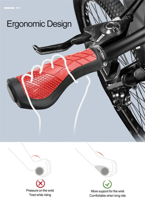 Ergonomic Bike Handlebar Grips With Wide Holding Surface Rubber Non Slip All Day Comfort Aluminum Inner Lock Ring for bikes.