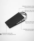 Stainless Steel Door Stopper With Non-Slip Rubber Wedge, Compact 3.94 x 1.89 x 1.30 Inch Size, image highlighting features and design.