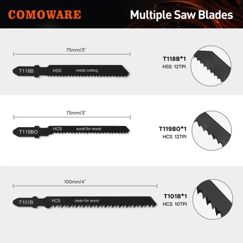 Comoware multiple saw blades in package showing T118B metal cutting, T119BO scroll for wood, T101B clean for wood types and sizes.
