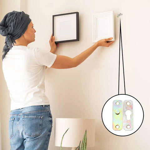 Woman using 24 Pairs Metal Picture Clips And Wall Mount Brackets Hanger Kit For Picture Hanging Easy Hanging Fasteners