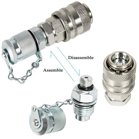 Front view of a metal hydraulic pressure test coupling kit with silver fittings and chain