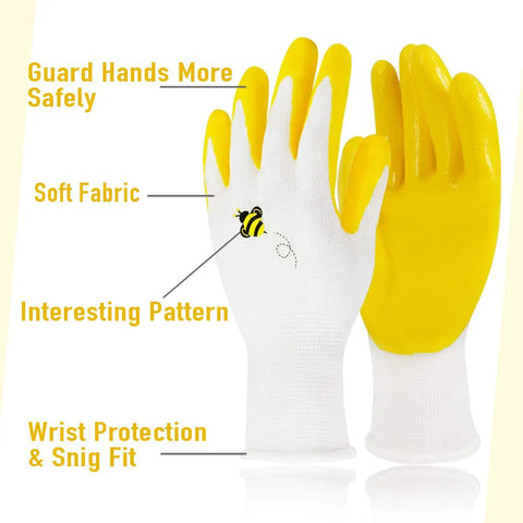 Yellow and white gardening gloves with soft fabric and wrist protection, featuring a bee pattern design.