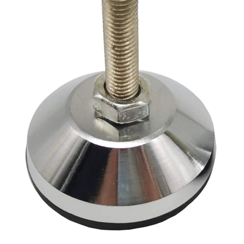 Close-up of Beefy 4 Inch Adjustable Leveling Feet Set For Furniture, Machinery, Silver Base, M10x2.8 Thread, Black Finish