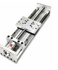 Precision Heavy Duty Aluminum Base Double Linear Rail Slide Table For Xyz Axis With Sfu Ball Screws Rock Solid Motion Stage Smooth Glide from the top view showing screw assembly and dual rails.
