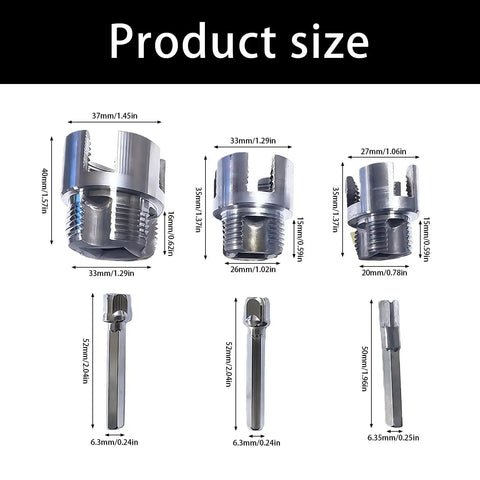 Product sizes of Electric Drill PVC Pipe Threader attachments made of high carbon steel for durable plumbing tasks.