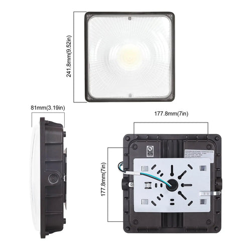 Dimensions and angles of 40W LED Canopy Light 5600LM Daylight 5000K IP65 Waterproof 120-277V UL Listed For Gas Stations Garages