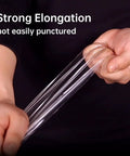 Strong elongation of Solid Pack Of Two Hundred Four By Six Heat Shrink Bags pulling off a knockout tight seal for books and bath bombs.