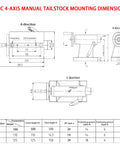CNC 4 Axis Manual Tailstock dimensions diagram showing MT2 MT3 taper options and mounting specs for lathe use.