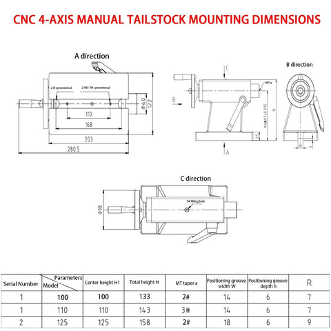 CNC 4 Axis Manual Tailstock dimensions diagram showing MT2 MT3 taper options and mounting specs for lathe use.