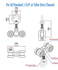 Technical diagram of four wheel silent bearing trolley assembly, fits 1-5/8" wide unistrut strut channel, includes M10 bolt, lifting eye nuts.