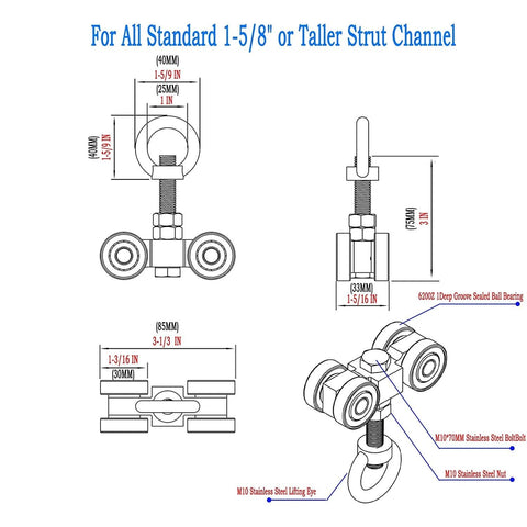 Technical diagram of four wheel silent bearing trolley assembly, fits 1-5/8" wide unistrut strut channel, includes M10 bolt, lifting eye nuts.