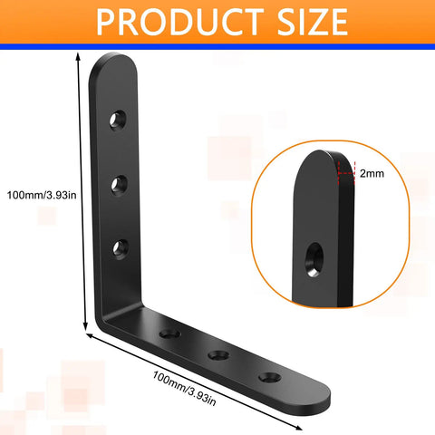 20 Pack Heavy Duty L Corner Shelf Brackets 4x4 Inch Black, 2mm Thick Plate, 6 Countersunk Holes, 90 Degree Right Angle Support