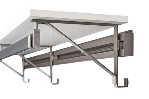 Close-up of Modular Closet System With Wall Mount Rails, White 32 Inch Finish, Includes One Shelf And Hanging Rod, Aluminum Rails