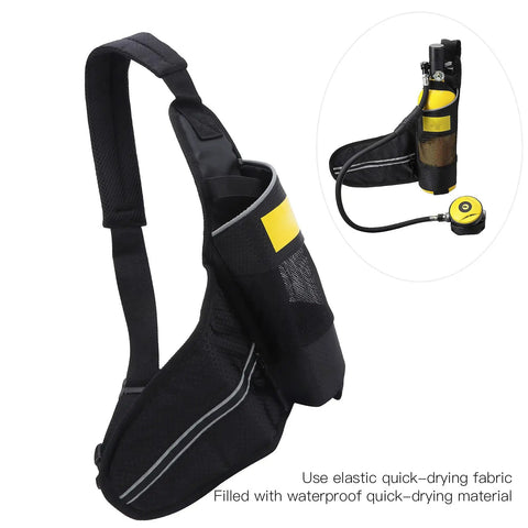 Heavy Duty Diving Oxygen Cylinder Bag With Quick Dry Fabric Reflective Strips For Night Safety Waterproof Tank Carrier Case Scuba Shoulder Bag For 1L Tank Beefy Yet Lightweight Durable Gear For Easy Transport And Quick Dry Storage showing black bag design with mesh and reflective strips.