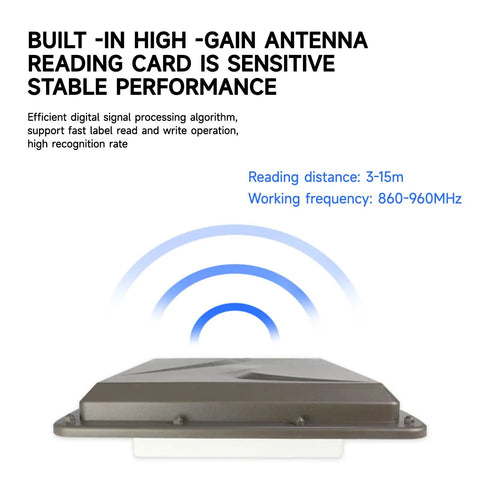 Go-To UHF RFID Reader Long Range 15 Meters With 10 dBi Antenna USB RS485 Wiegand 26 34 RJ45 IP67 showing built-in antenna.