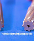 One Eighth Inch High Speed Steel Straight Shank Chucking Reamer DWR Series in straight and spiral flute design on blue surface