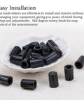 50 Piece Black 6mm D Shaft Potentiometer And Encoder Knobs With Concave Rotary Design arranged on a white dish