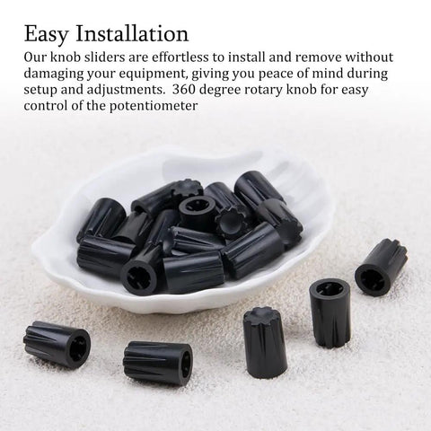 50 Piece Black 6mm D Shaft Potentiometer And Encoder Knobs With Concave Rotary Design arranged on a white dish