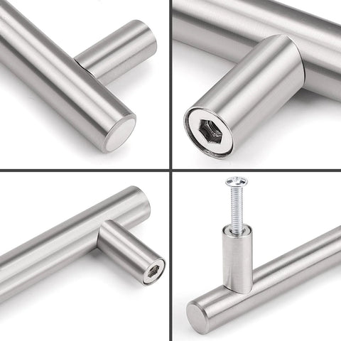 Close-up of brushed nickel finish cabinet handles and drawer pulls stainless steel hollow tubes, 6 inch length with 96mm center to center.