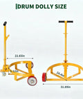 Heavy Duty Steel Drum Dolly Cart For 55 Gallon Oil Barrels visible dimensions and design features including cushioned handle and wheels.