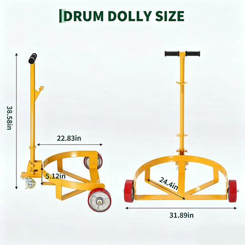 Heavy Duty Steel Drum Dolly Cart For 55 Gallon Oil Barrels visible dimensions and design features including cushioned handle and wheels.