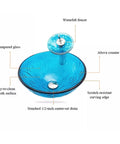 USZWBY Bathroom Vessel Sink,Tempered Glass Vessel Sink Sky Blue Round Basin Washing Bowl Set with Faucet Pop-Up Drain and Water Pipe, Countertop Installation, detailed view of faucet and basin features.