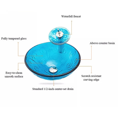 USZWBY Bathroom Vessel Sink,Tempered Glass Vessel Sink Sky Blue Round Basin Washing Bowl Set with Faucet Pop-Up Drain and Water Pipe, Countertop Installation, detailed view of faucet and basin features.