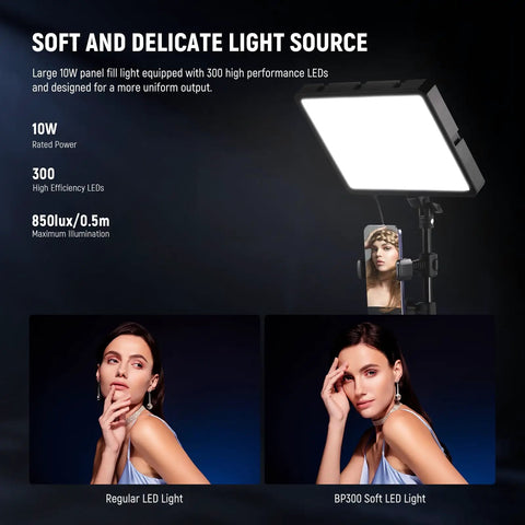 Two Pack Bi Color LED Video Lights With 59 Inch Tripod Stands And Phone Holders, 2700K To 6500K Dimmable Studio Lighting At 850 Lux, 10W Power, Perfect For Photography Filming And Live Streaming, BP300 No Adapter showcasing soft light on model