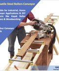 Pack of 4 Heavy Duty Long Roller Conveyors in use with saw at woodworking table, showcasing 16 inch galvanized steel tubes.
